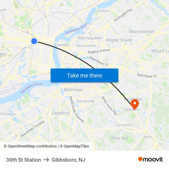 30th St Station to Gibbsboro, NJ map