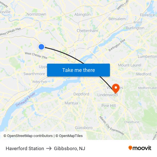 Haverford Station to Gibbsboro, NJ map