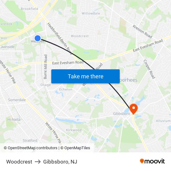 Woodcrest to Gibbsboro, NJ map