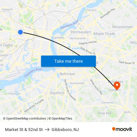 Market St & 52nd St to Gibbsboro, NJ map