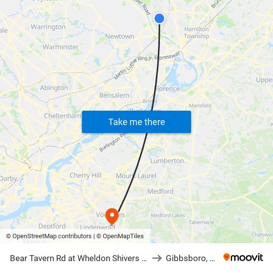 Bear Tavern Rd at Wheldon Shivers Dr to Gibbsboro, NJ map