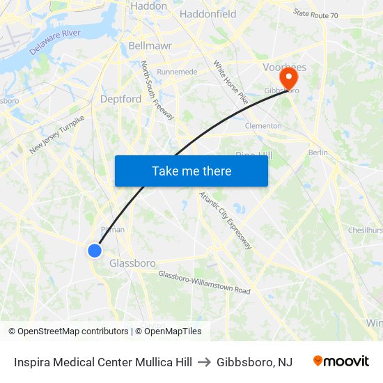 Inspira Medical Center Mullica Hill to Gibbsboro, NJ map