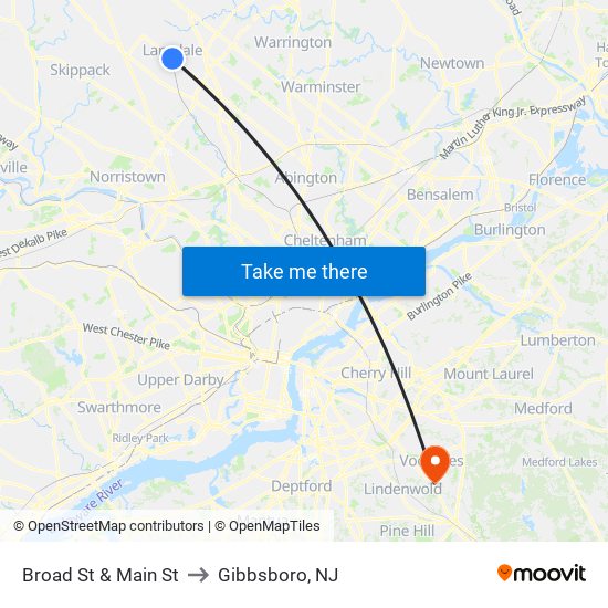 Broad St & Main St to Gibbsboro, NJ map