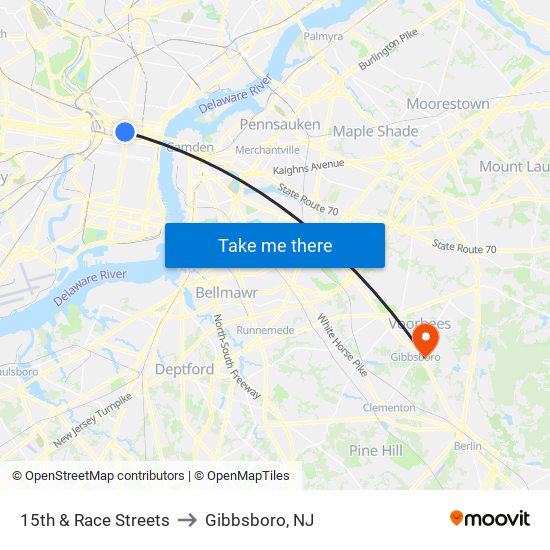 15th & Race Streets to Gibbsboro, NJ map
