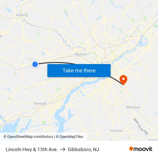 Lincoln Hwy & 13th Ave. to Gibbsboro, NJ map