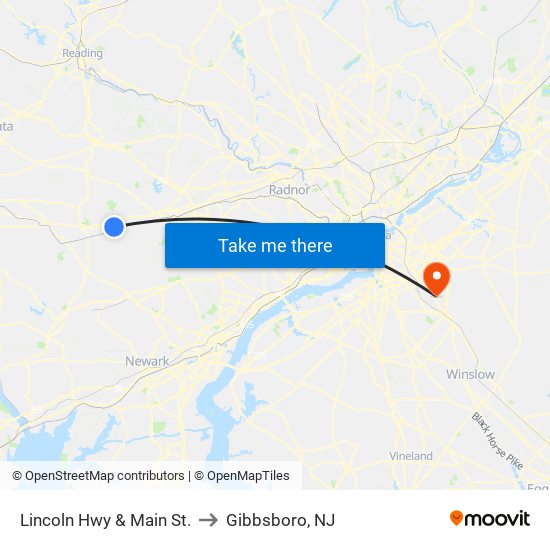 Lincoln Hwy & Main St. to Gibbsboro, NJ map