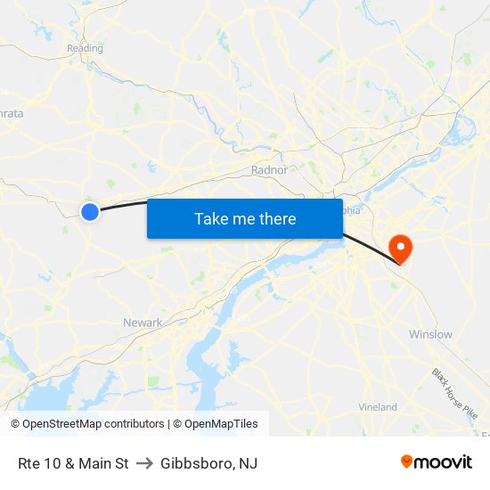 Rte 10 & Main St to Gibbsboro, NJ map