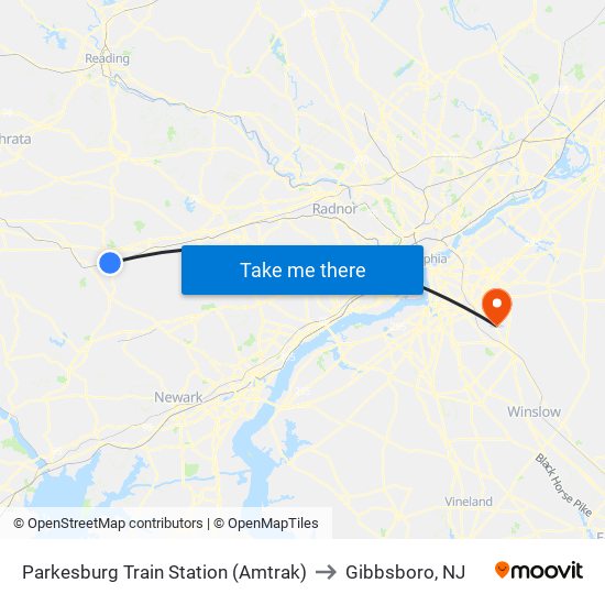 Parkesburg Train Station (Amtrak) to Gibbsboro, NJ map