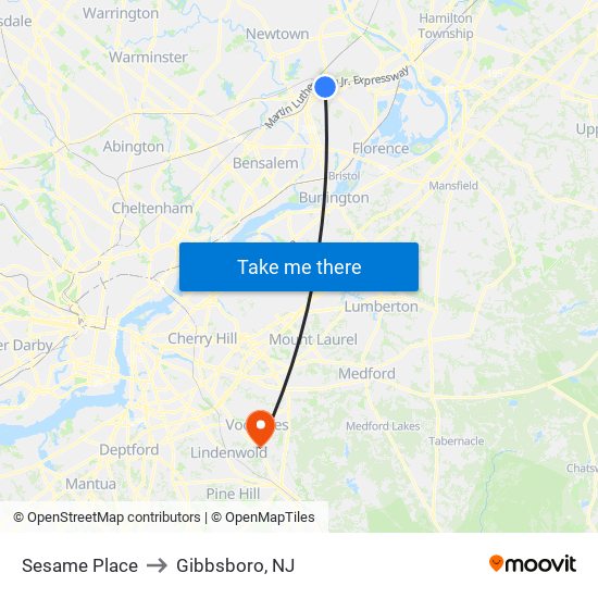 Sesame Place to Gibbsboro, NJ map