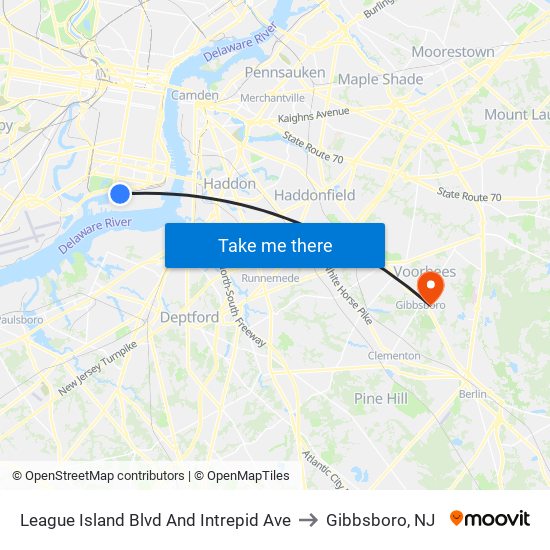 League Island Blvd And Intrepid Ave to Gibbsboro, NJ map