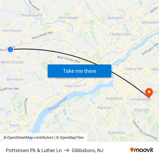 Pottstown Pk & Luther Ln to Gibbsboro, NJ map