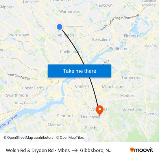 Welsh Rd & Dryden Rd - Mbns to Gibbsboro, NJ map