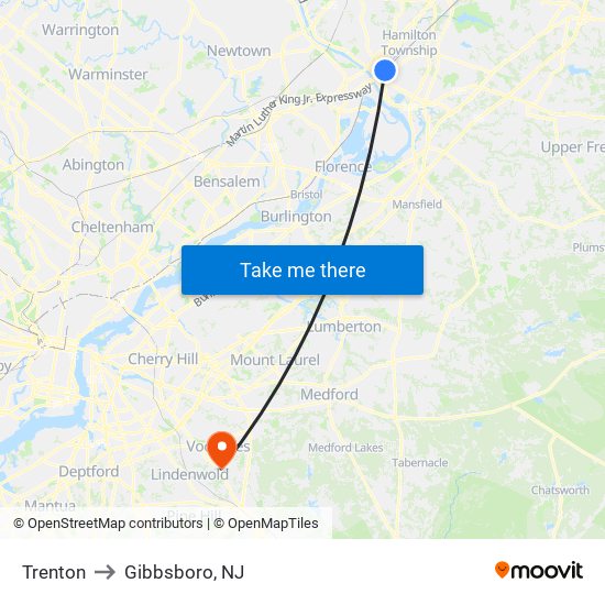 Trenton to Gibbsboro, NJ map