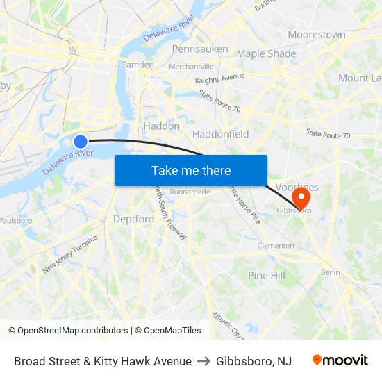 Broad Street & Kitty Hawk Avenue to Gibbsboro, NJ map