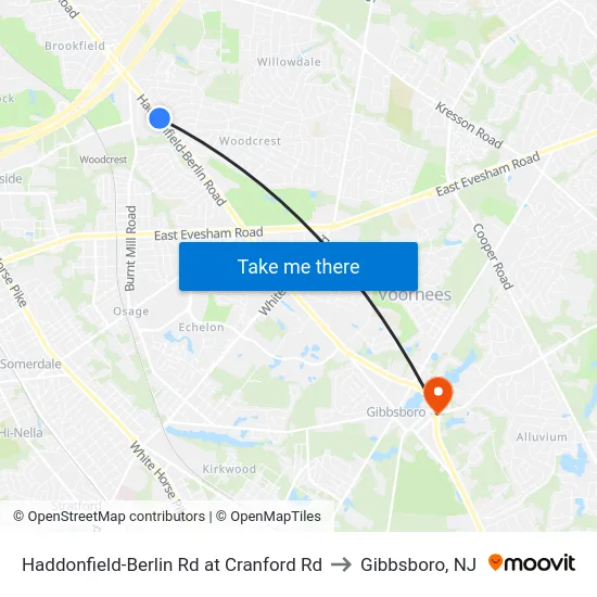 Haddonfield-Berlin Rd at Cranford Rd to Gibbsboro, NJ map