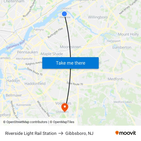 Riverside Light Rail Station to Gibbsboro, NJ map