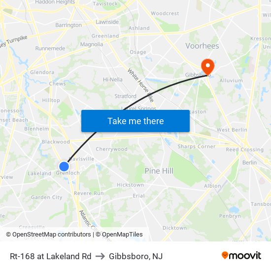 Rt-168 at Lakeland Rd to Gibbsboro, NJ map