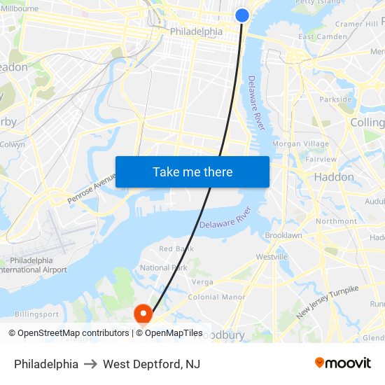 Philadelphia to West Deptford, NJ map