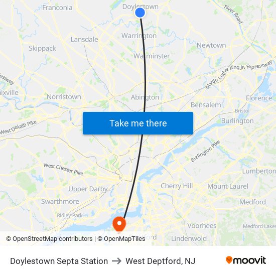 Doylestown Septa Station to West Deptford, NJ map