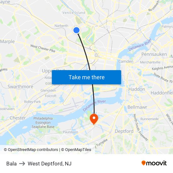 Bala to West Deptford, NJ map