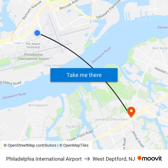 Philadelphia International Airport to West Deptford, NJ map