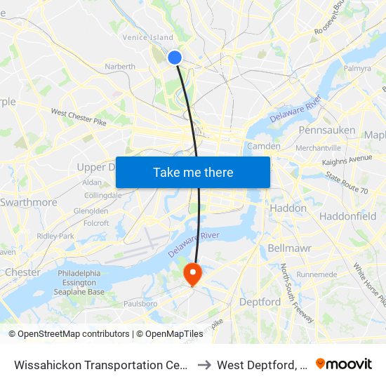 Wissahickon Transportation Center to West Deptford, NJ map