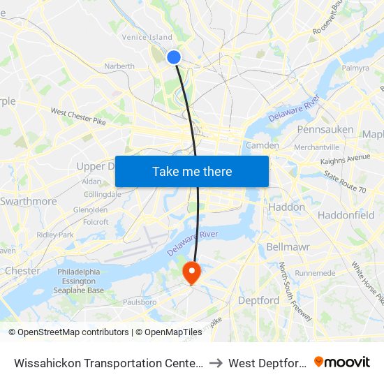 Wissahickon Transit Center to West Deptford, NJ map