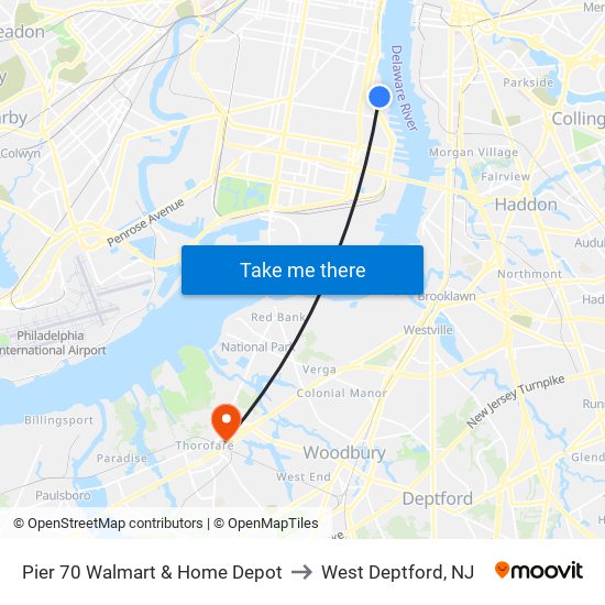 Pier 70 Walmart & Home Depot to West Deptford, NJ map