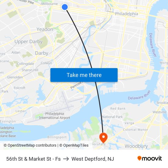 56th St & Market St - Fs to West Deptford, NJ map