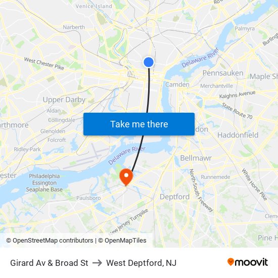 Girard Av & Broad St to West Deptford, NJ map