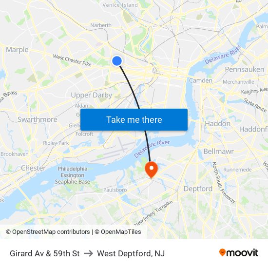 Girard Av & 59th St to West Deptford, NJ map