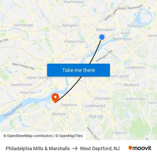 Philadelphia Mills & Marshalls to West Deptford, NJ map