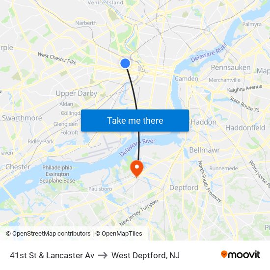 41st St & Lancaster Av to West Deptford, NJ map