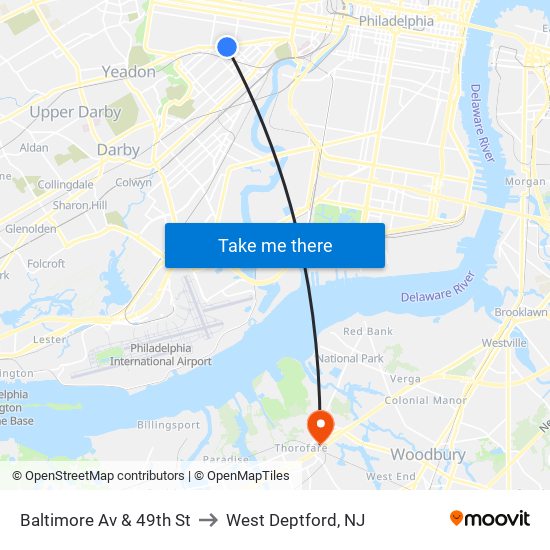Baltimore Av & 49th St to West Deptford, NJ map