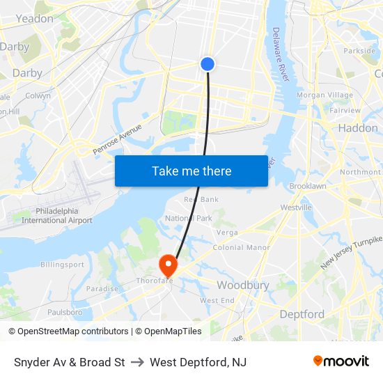 Snyder Av & Broad St to West Deptford, NJ map