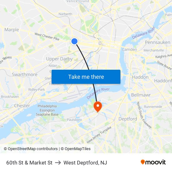 60th St & Market St to West Deptford, NJ map