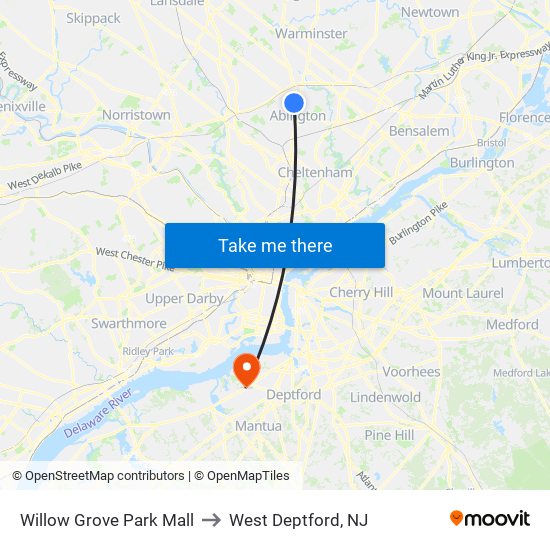 Willow Grove Park Mall to West Deptford, NJ map
