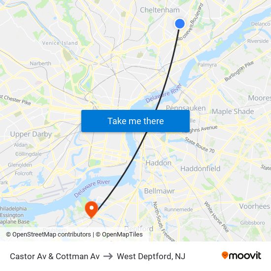 Castor Av & Cottman Av to West Deptford, NJ map