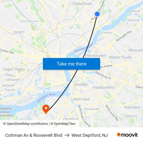 Cottman Av & Roosevelt Blvd to West Deptford, NJ map