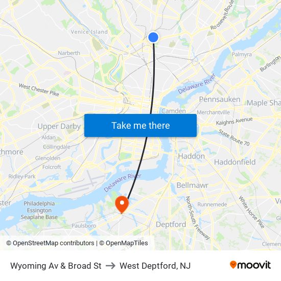 Wyoming Av & Broad St to West Deptford, NJ map