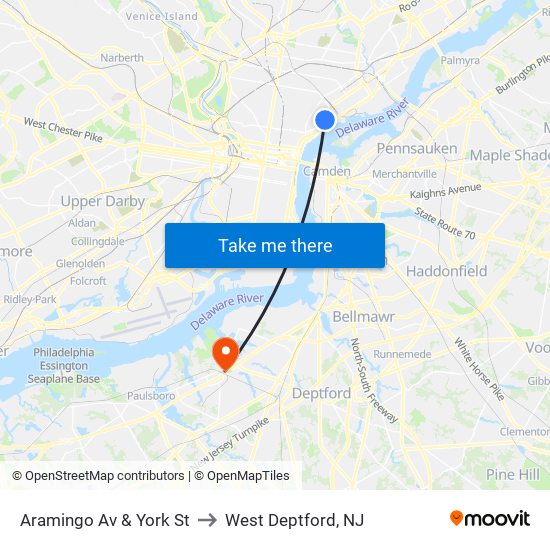 Aramingo Av & York St to West Deptford, NJ map