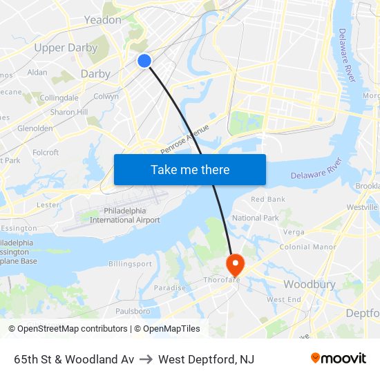65th St & Woodland Av to West Deptford, NJ map