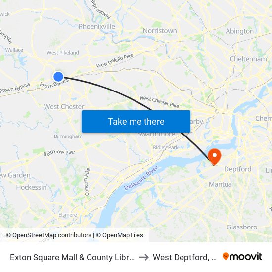 Exton Square Mall & County Library to West Deptford, NJ map