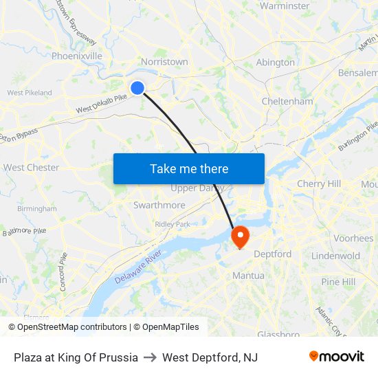 Plaza at King Of Prussia to West Deptford, NJ map