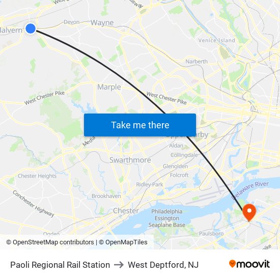 Paoli Regional Rail Station to West Deptford, NJ map