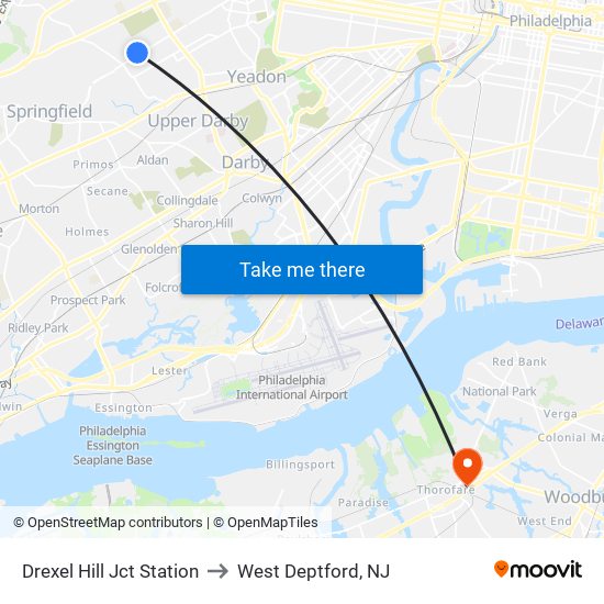 Drexel Hill Jct Station to West Deptford, NJ map