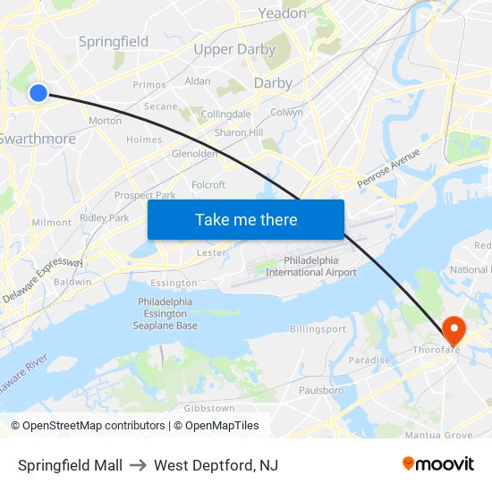 Springfield Mall to West Deptford, NJ map
