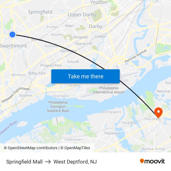 Springfield Mall to West Deptford, NJ map