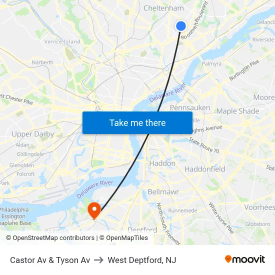 Castor Av & Tyson Av to West Deptford, NJ map