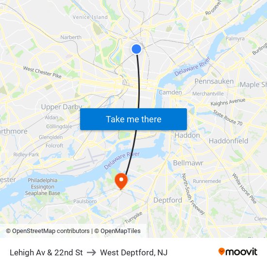 Lehigh Av & 22nd St to West Deptford, NJ map